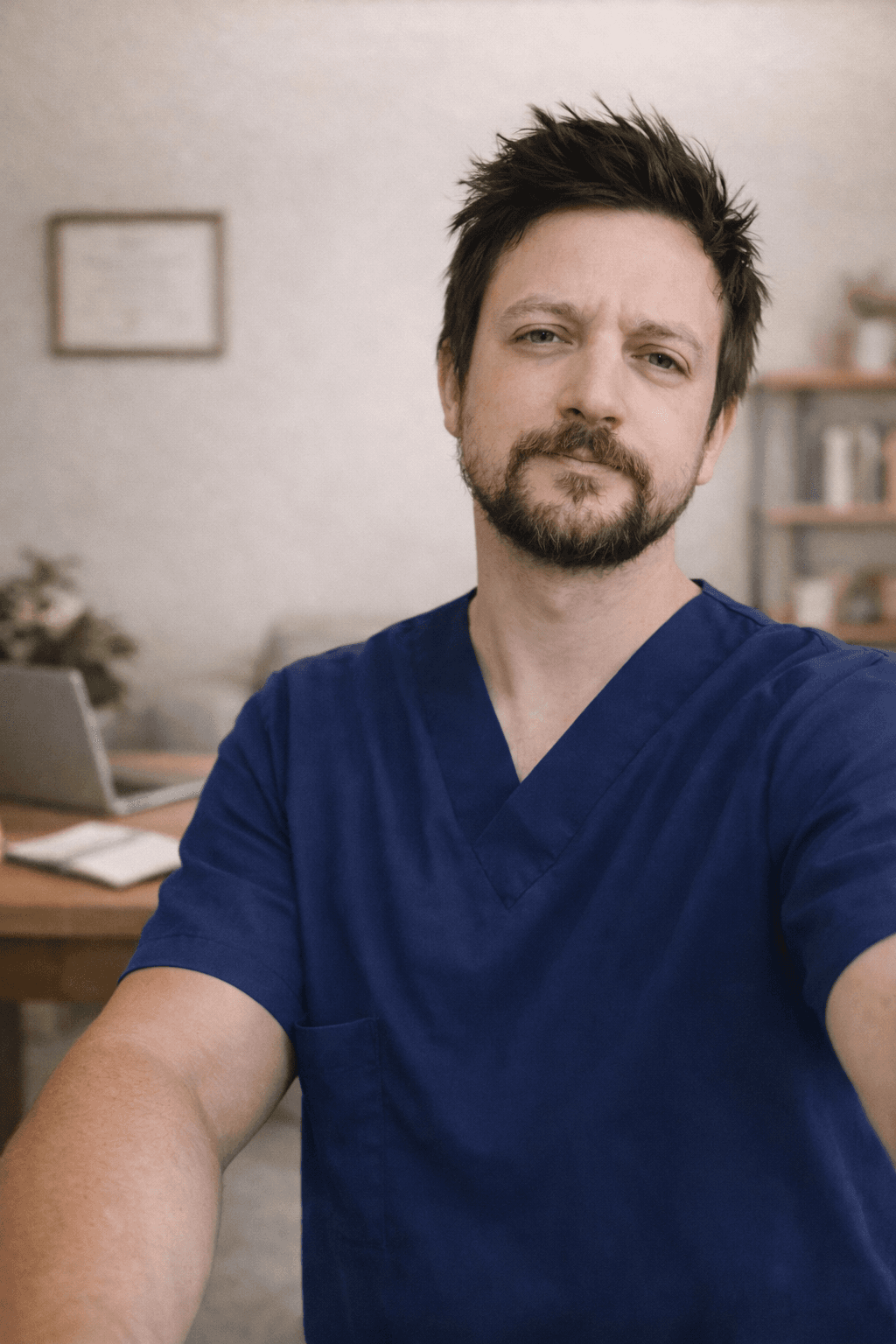 Krzysztof Regulski podczas spokojnej pracy z opiekunem psa lub kota