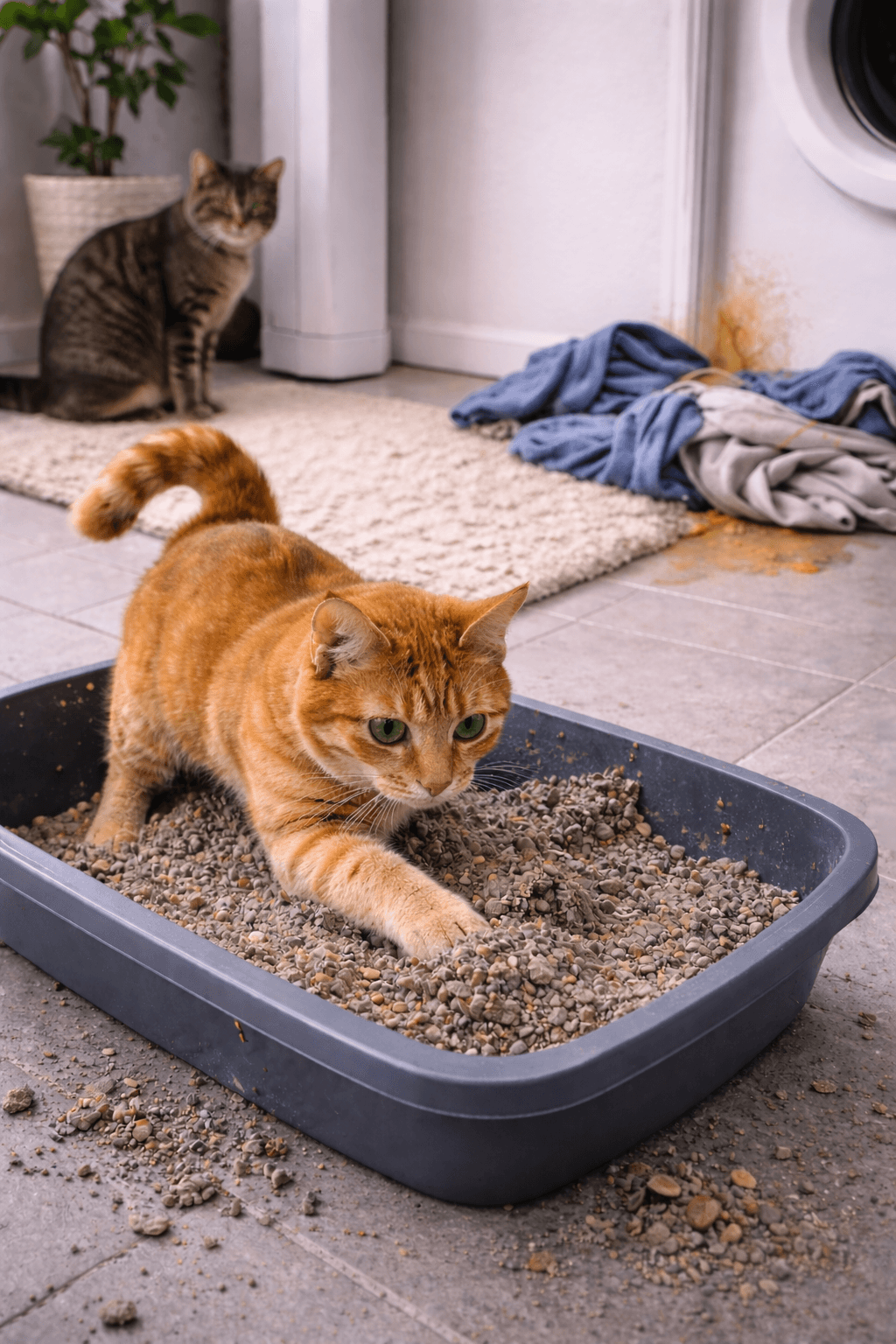 Koty w łazience z piaskiem jako ilustracja wsparcia przy kuwecie i zachowaniach toaletowych