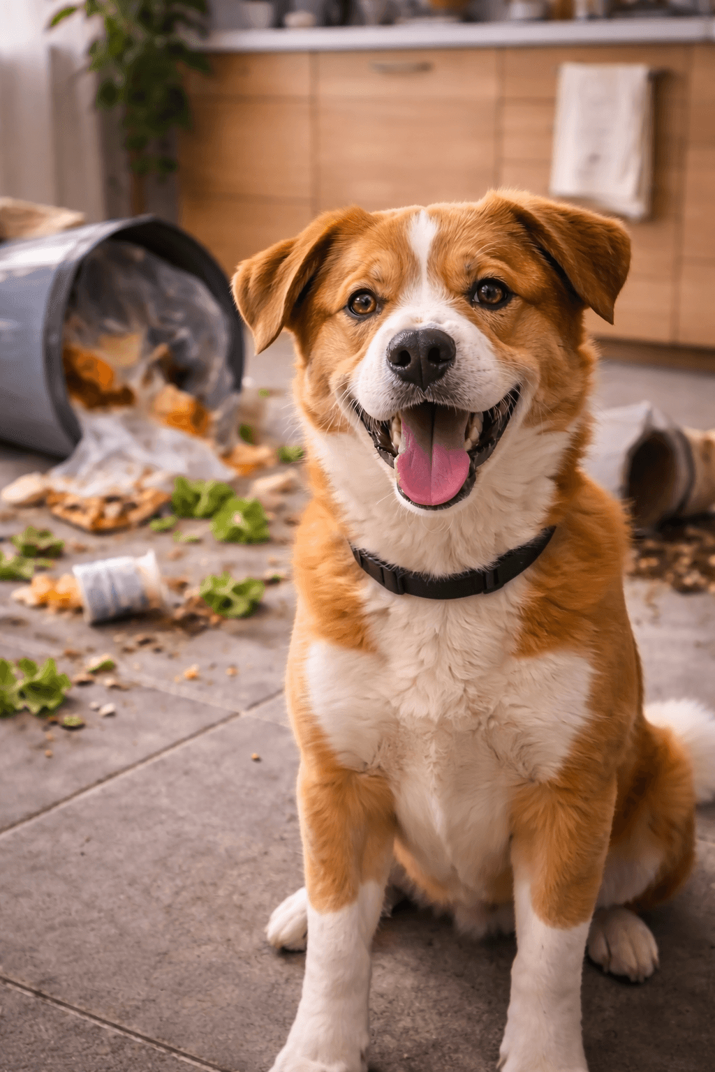 Wesoły pies w kuchennym chaosie jako ilustracja konsultacji prowadzonej w miejscu codziennego funkcjonowania
