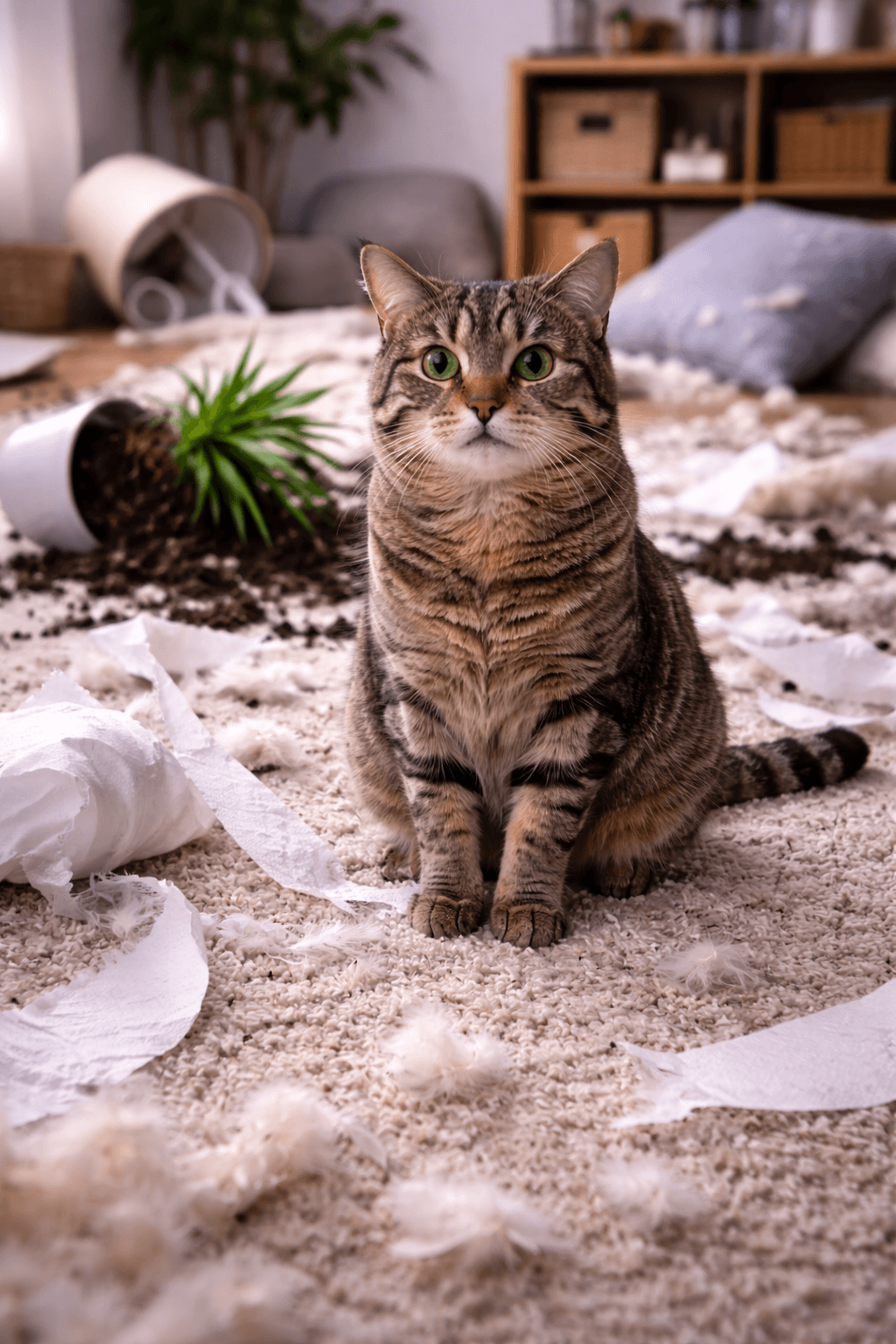 Kot w zniszczonym salonie jako ilustracja zmian w domu i przeciążenia środowiskiem