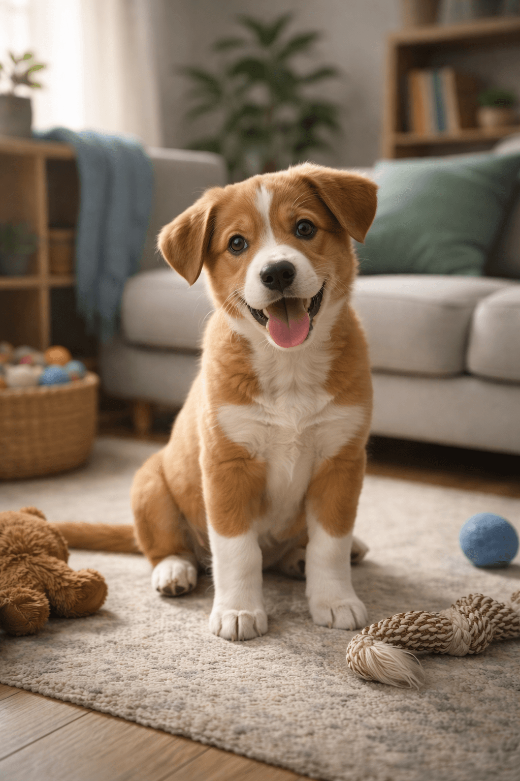 Wesoły szczeniak w przytulnym salonie jako ilustracja startu ze szczeniakiem i młodym psem