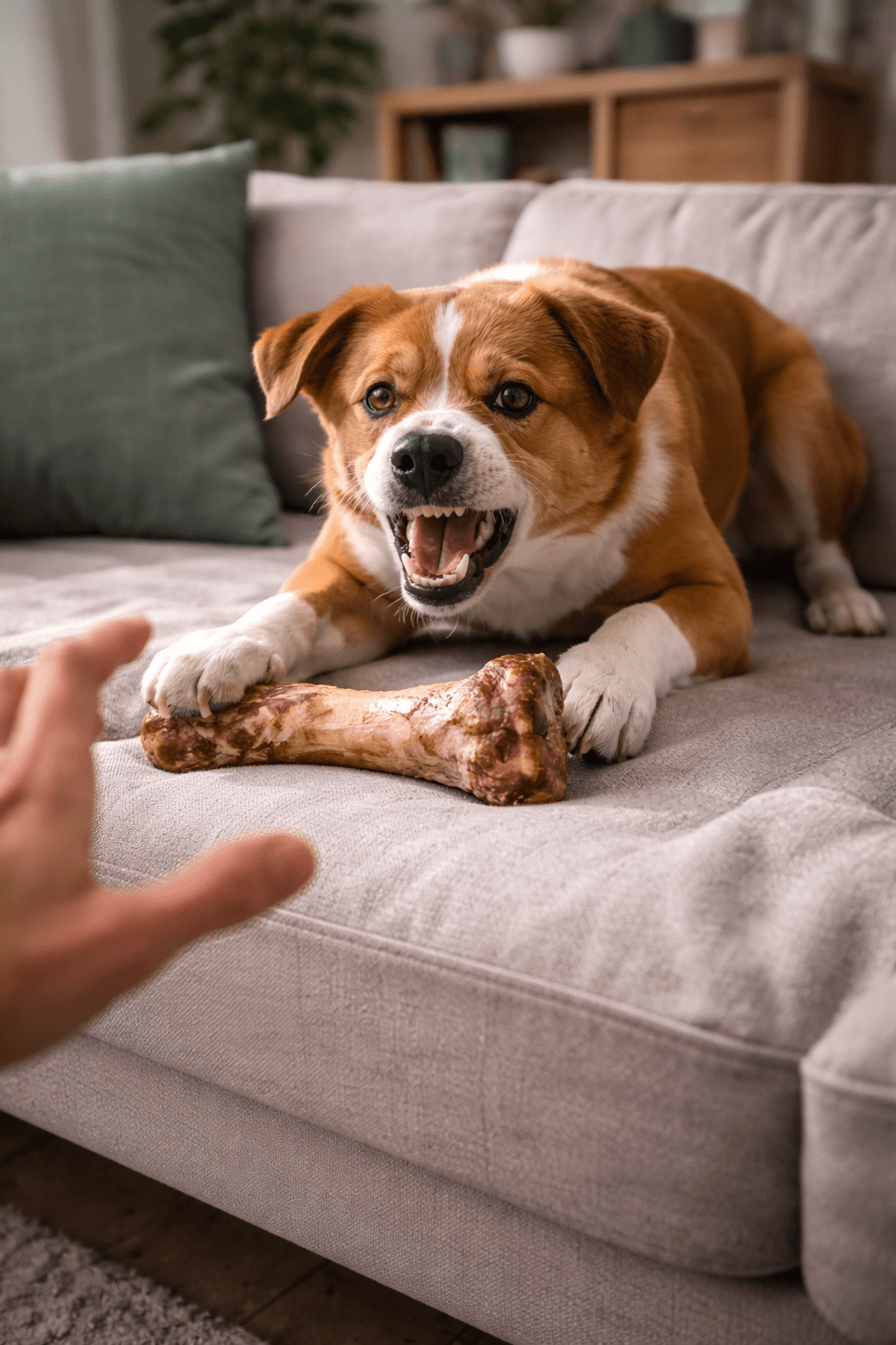 Pies broniący kości na kanapie jako ilustracja obrony zasobów