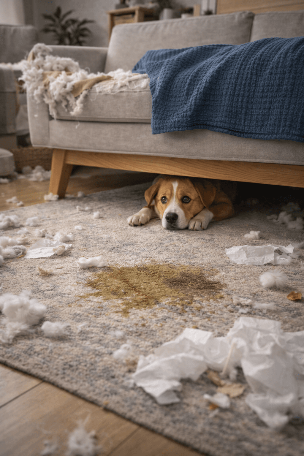 Zestresowany pies schowany pod łóżkiem jako ilustracja problemów separacyjnych