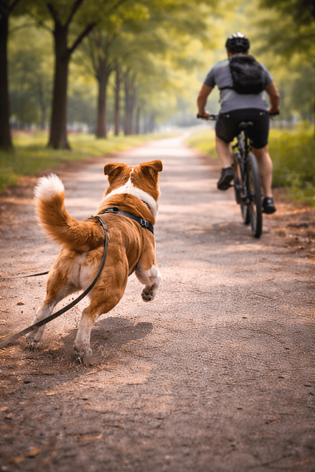 Pies goniący rowerzystę w lesie jako ilustracja spaceru i reakcji